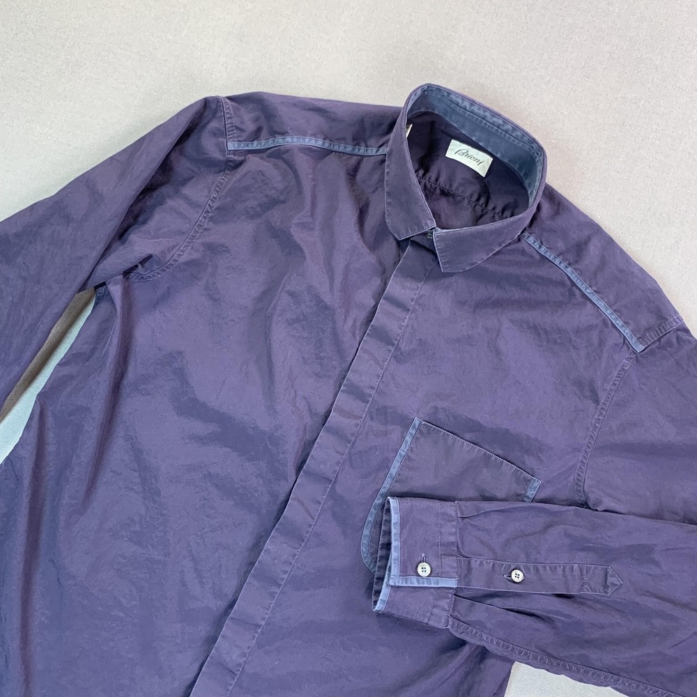 Brioni Shirt Mens Large Purple Solid 100% Cotton Made In Italy Dress Designer